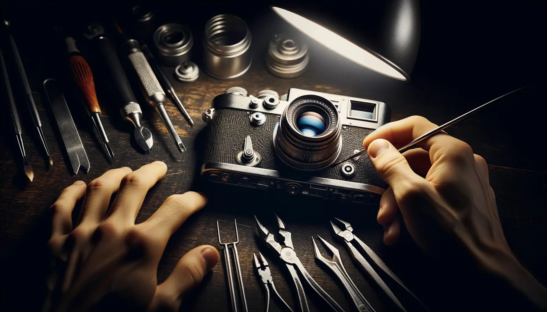 réparation d'un appareil photo argentique avec des outils